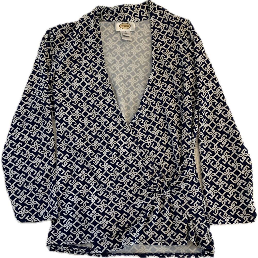 Talbots Faux Wrap 3/4 Sleeve Navy Chain Shirt Print Small Stretch Minimalist - Picture 4 of 12